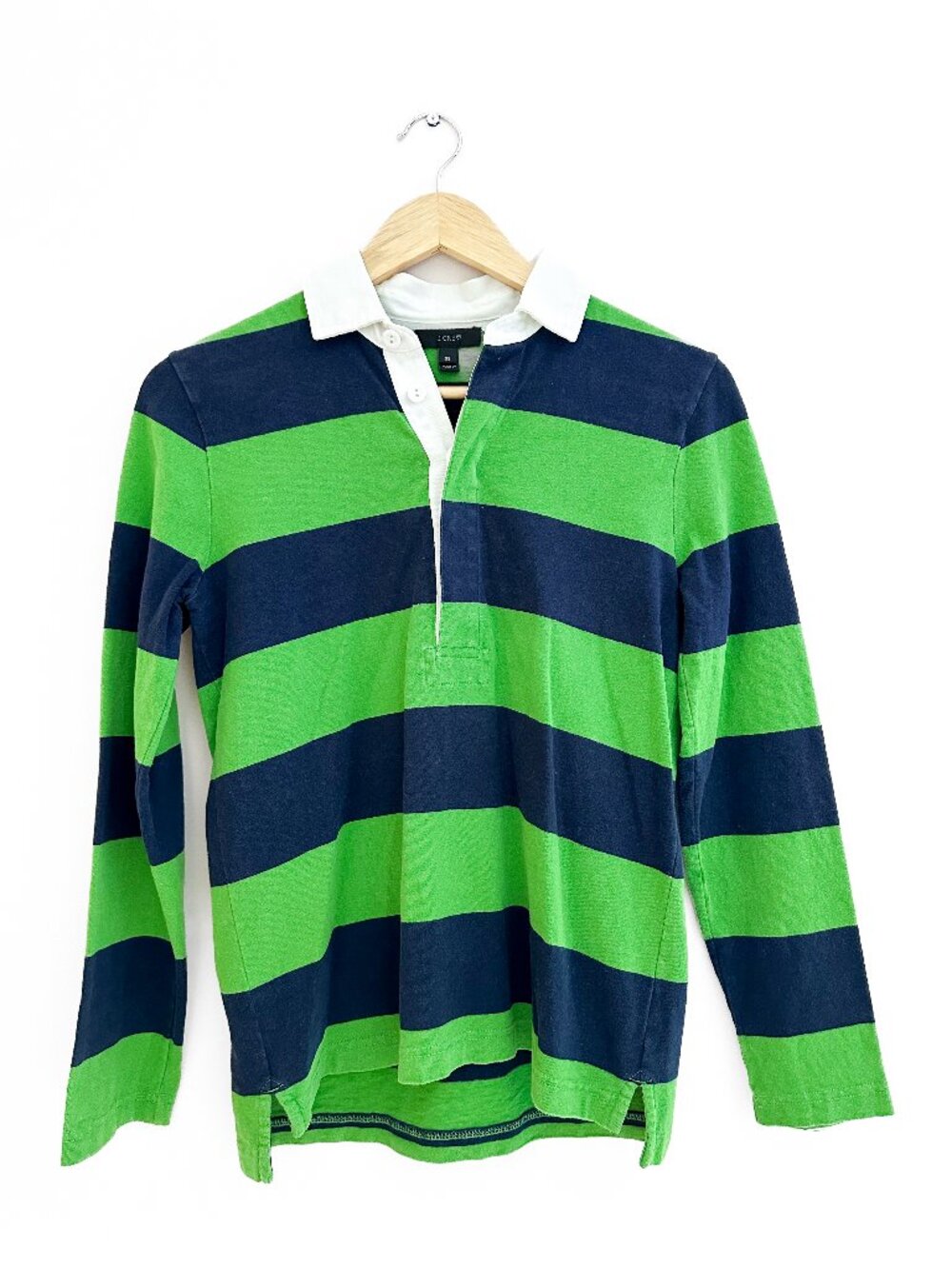 J Crew Striped Collared Button Up Cotton Long Sleeve Shirt Green and Navy Sz XS
